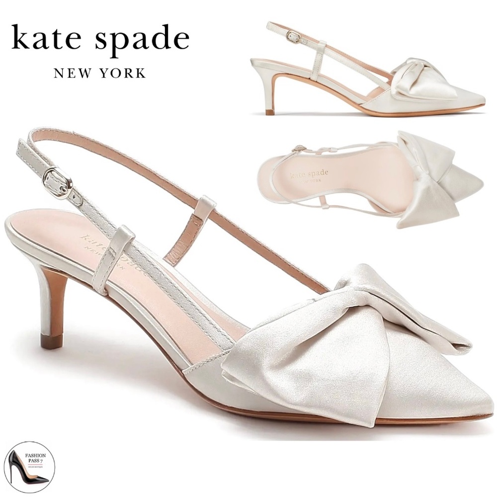 Kate Spade Marseille Ivory White Satin Bow Slingback Pumps Kitten Heel Shoes 8